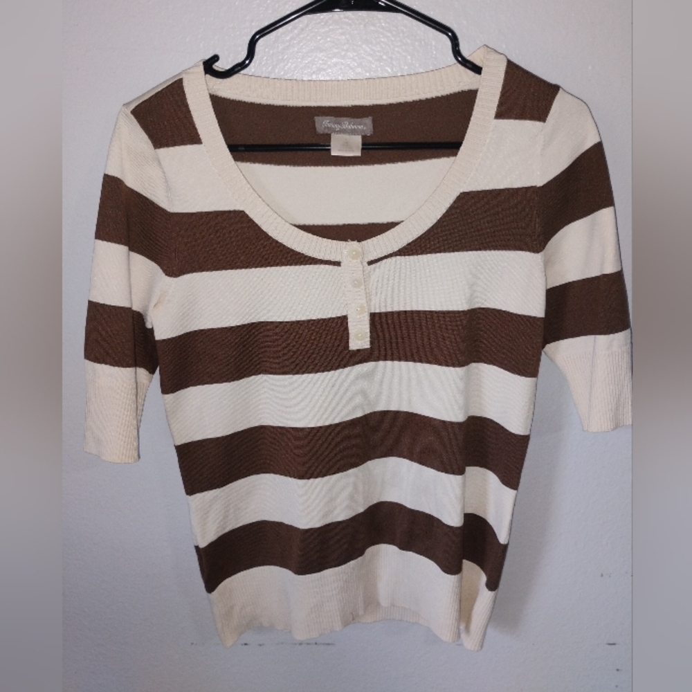 Tommy Bahama Cream and Brown Striped Knit Top